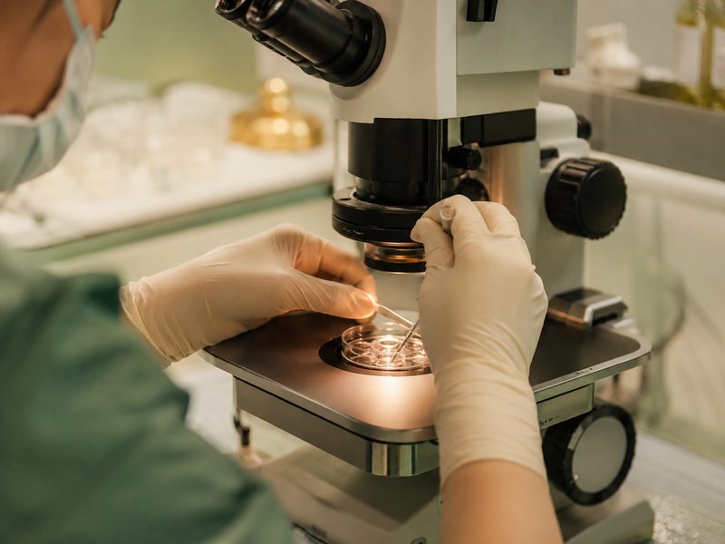 IVF laboratory with embryologist at microscope