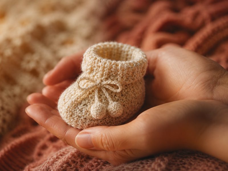 Hands gently cradling a knitted baby bootie